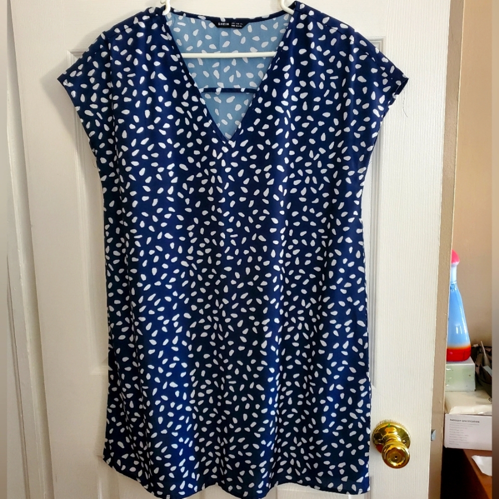Blue and White Patterned V-Neck Dress
